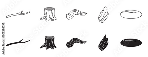 Collection of minimalist wood and nature elements including a branch, stump, bark, and pebble, presented as a simple black line art and solid silhouette icon set