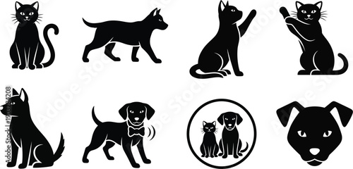 Dogs and cats poses, including sitting, standing, and playing. 
