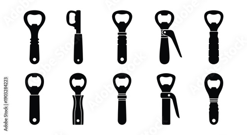 Collection of black silhouette bottle openers in various styles