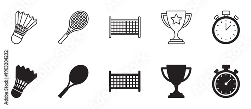 Set of black sports equipment icons featuring a shuttlecock, racket, net, trophy, and stopwatch in two distinct styles, line art and solid silhouette