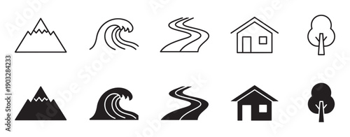 Minimalist vector icons of landscape elements including a mountain, ocean wave, winding road, simple house, and tree presented as both line drawings and solid glyphs