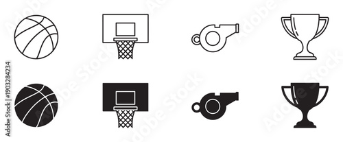 Collection of black basketball themed icons featuring a ball, backboard, whistle, and trophy cup, shown in two distinct styles: thin outline and solid black silhouette