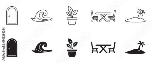 Set of black vector icons showing a door, wave, plant, table, and island in two styles, outline and solid glyph, for web and mobile interface design
