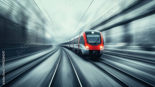 A red and white train speeding down the tracks.