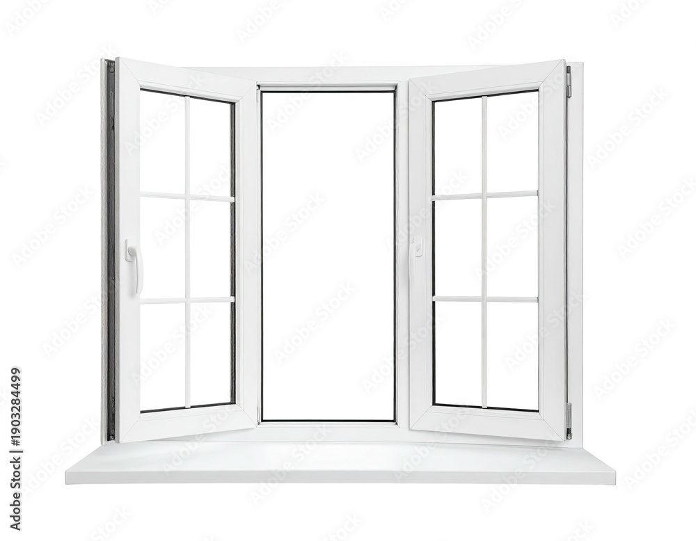 Obraz premium A white double-hung window, partially open, revealing a dark background