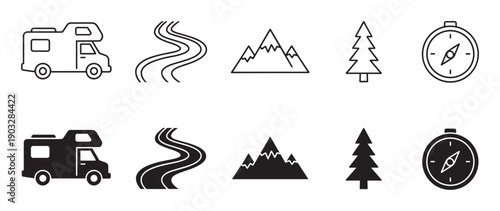 Black icon set for travel and camping, with a motorhome, road, mountain, tree, and compass depicted in both outline and solid silhouette graphic styles