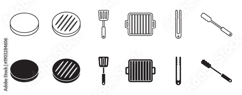Black grilling and barbecue tool icon set with burger patty, spatula, grill pan, and tongs shown in both outline and solid silhouette vector styles for cooking concepts