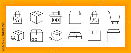 Shopping container set icon. Boxes, carts, percent tags, rating stars, baskets, and sealed packages drawn in simple outline style showing ecommerce, storage, deals, and product display.