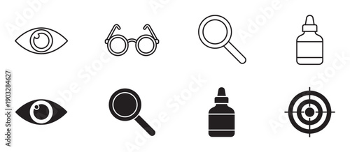 Black and white vision-related icon set featuring an eye, glasses, magnifying glass, dropper bottle, and target symbol in both outline and solid silhouette vector styles