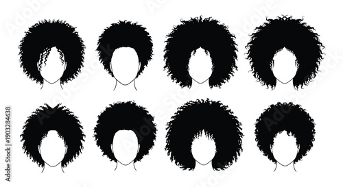 Six black silhouettes depicting various afro hairstyles on head shapes