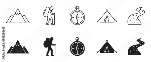 Set of black hiking and camping icons featuring mountains, a hiker, compass, tent, and path in both outline and solid silhouette styles for graphic design