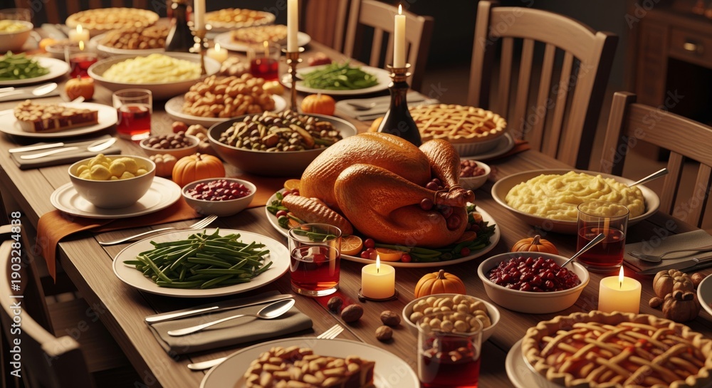 Fototapeta premium Thanksgiving Dinner Feast with Roasted Turkey and Holiday Food