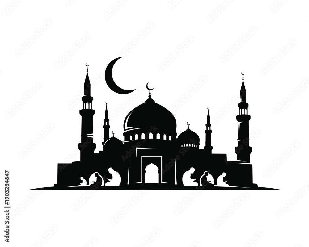 Fototapeta premium Ramadan mosque silhouette vector silhouette illustration design set collection, ramadan mosque silhouette, ramadan mosque vector illustration, islamic mosque ramadan design, eid mubarak mosque 