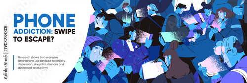 Smartphone addiction banner design. Advertising template of modern problem, dependence of society. Layout with crowd of people scrolling social networks on phones, telephones. Flat vector illustration