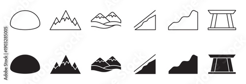 Set of black minimalist icons depicting mountains, hills, and an architectural structure, presented in two distinct styles: a clean line art outline and a solid glyph silhouette