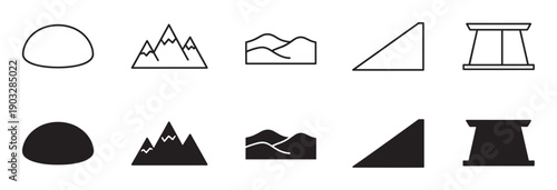 Collection of simple black graphic icons representing mountains, hills, and geometric forms, shown in both linear outline and solid silhouette versions for universal symbols