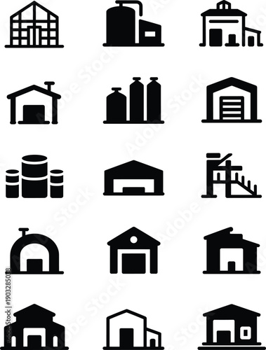 Warehouse icons set, industrial building silhouettes, storage facilities vector, factory buildings