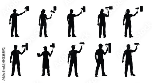 Silhouettes of people painting with rollers in various poses