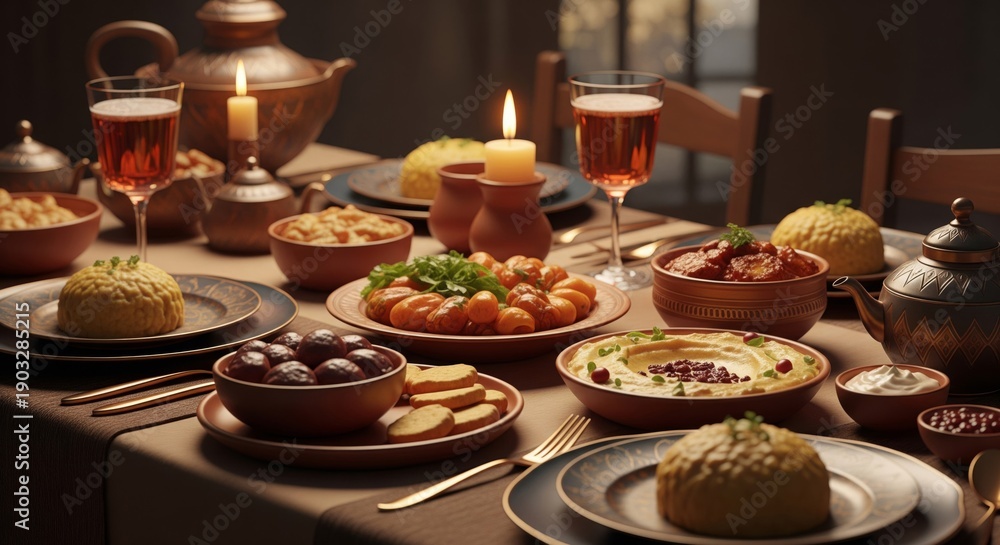 Fototapeta premium Warm Lit Table Setting with Middle Eastern Dishes and Candles