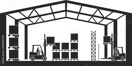 Warehouse interior with forklift operators, cargo pallets, industrial logistics, storage facility operations, distribution center, supply chain warehouse illustration.