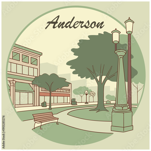Anderson Downtown Square Illustration with Park Bench and Lamp Post