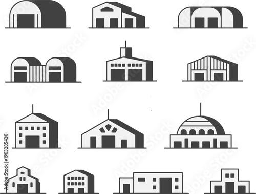 Warehouse storage building icons, industrial shed illustration, factory hangar design, logistics depot silhouette, commercial barn vector, architecture storage facility structures