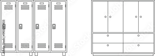 Metal lockers and storage cabinet line icons set with furniture organization symbols for office school interiors vector design