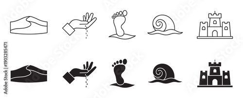 Sand theme icon set with dune, hand, footprint, snail, and sandcastle in two styles, line art and solid black glyph for graphic design and web elements