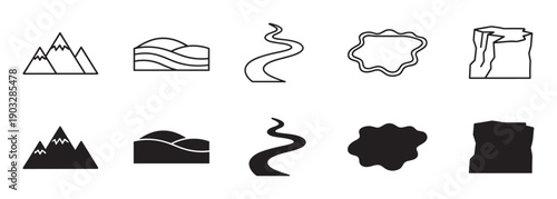 Set of black nature landscape icons featuring mountains, hills, a river, a lake, and a cliff in both minimalist line art and solid silhouette styles for graphic design