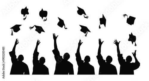 Celebration of graduation silhouettes of caps tossed in the air