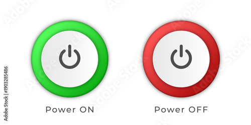 Green and red power button set for system on and off status indicators on transparent background.  3D power button vector, PNG.
