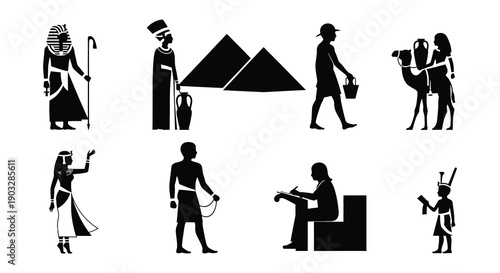 Ancient egypt themed silhouettes depicting people animals and pyramids