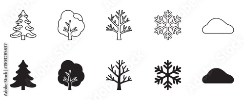 Set of ten black winter nature icons featuring trees, a snowflake, and a cloud, presented in both minimalist outline and solid silhouette graphic styles