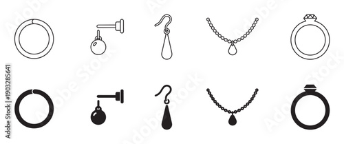 Jewelry icons set with rings earrings and necklaces in two different styles, a minimalist black line art outline and a solid glyph silhouette for graphic design elements