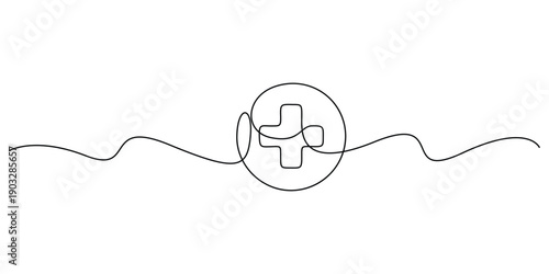 Medical cross sign continuous one line drawing minimalist outline vector design, Continuous one line drawing of medical plus sign isolated flat vector illustration