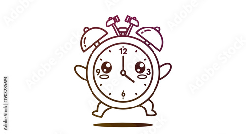 Cute Kawaii Alarm Clock Character Line Art Illustration for Digital and Print Designs