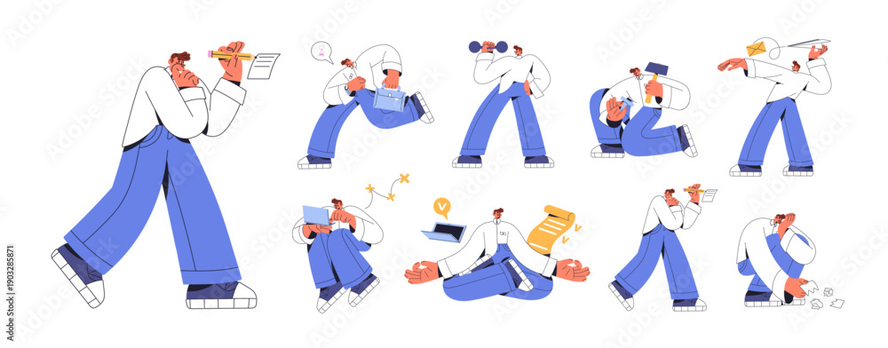 Fototapeta premium Employee works set. Office worker is late and hurries up, rushing. Business man takes notes, relaxes with completed tasks, sends letter, fails. Flat isolated vector illustrations on white background.