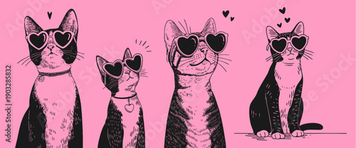 Cute hand drawn cat doodle wearing heart shaped sunglasses for valentine day romantic pet illustration