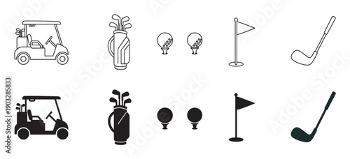 Black and white golf icon set featuring a cart, bag, club, ball, and flag in both line art and solid silhouette styles for sports design and web graphics