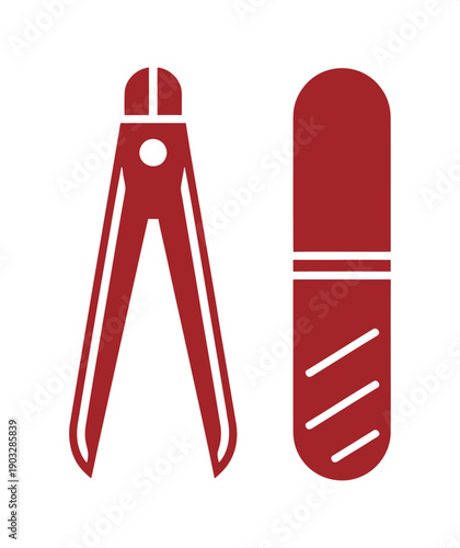 Minimalist red icon of a nail clipper and a nail file, essential tools for personal grooming and manicure.