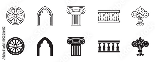 Set of black architectural icons featuring Gothic and classical elements in both line art and solid silhouette styles for graphic design and decoration