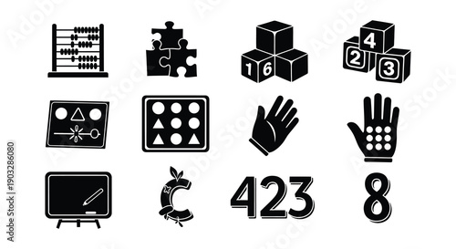 Collection of black silhouette icons representing education and learning concepts