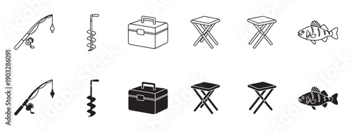 Ice fishing equipment icon set with a fishing rod, ice auger, tackle box, folding stool, and perch fish shown in both black line art and solid silhouette styles