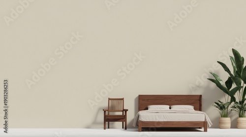 A minimalist bedroom scene with a wooden bed, chair, and potted plant.