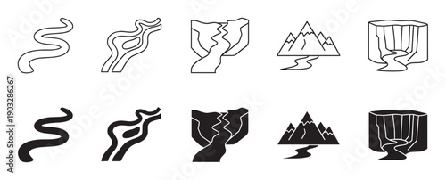 Collection of black river, canyon, and mountain icons presented in two distinct styles, a clean minimalist outline and a bold solid silhouette glyph for versatile design