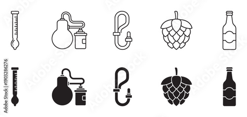 Black beer brewing and homebrewing icon set with essential equipment and ingredients, including a hydrometer, hop, and bottle, in line and solid silhouette styles