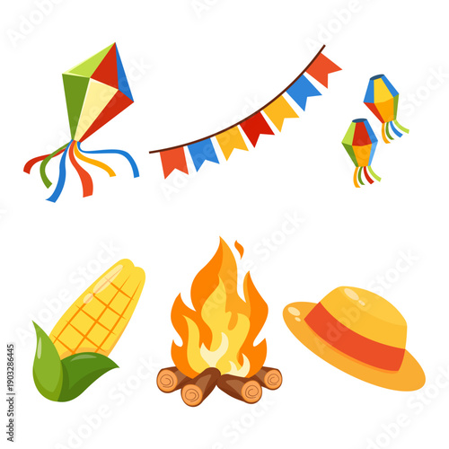 Festa Junina element collection set, Brazilian June festival clip art with bonfire and flags, Sao Joao traditional icons vector bundle.