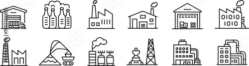Vector industrial factory icons set, warehouse, oil rig, mining, manufacturing, gas plant, production, industry line design collection