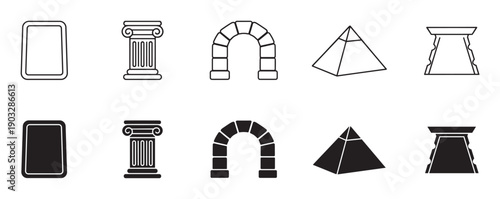 Set of ancient architectural vector icons in black, showing a classical column, rounded arch, pyramid, and dolmen in both simple outline and filled silhouette graphic styles