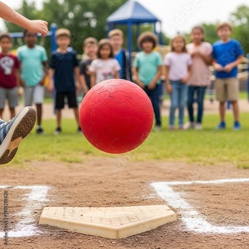 Kickball: A red kickball being kicked hard at the home plate. Group of children playing in the background, slightly blurred, candid action scene. Natural daylight, school playground setting, medium sh